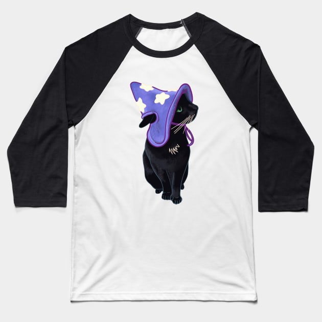 Lucky Black Cat Familiar Purple Witch Costume Halloween Pet Portrait Baseball T-Shirt by fiatluxillust